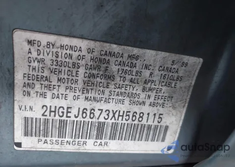 1999 Honda Civic Lx z USA, uszkodzony, nr VIN 2HGEJ6673XH568115